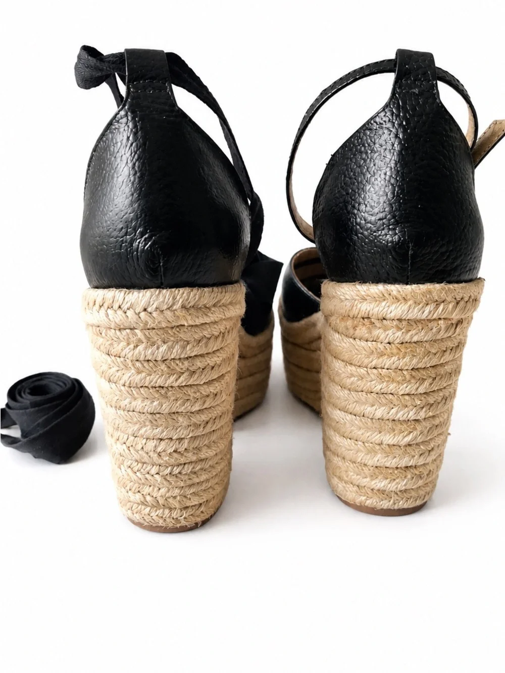 Black Heart-Accent Espadrille Wedges with Ankle Tie
